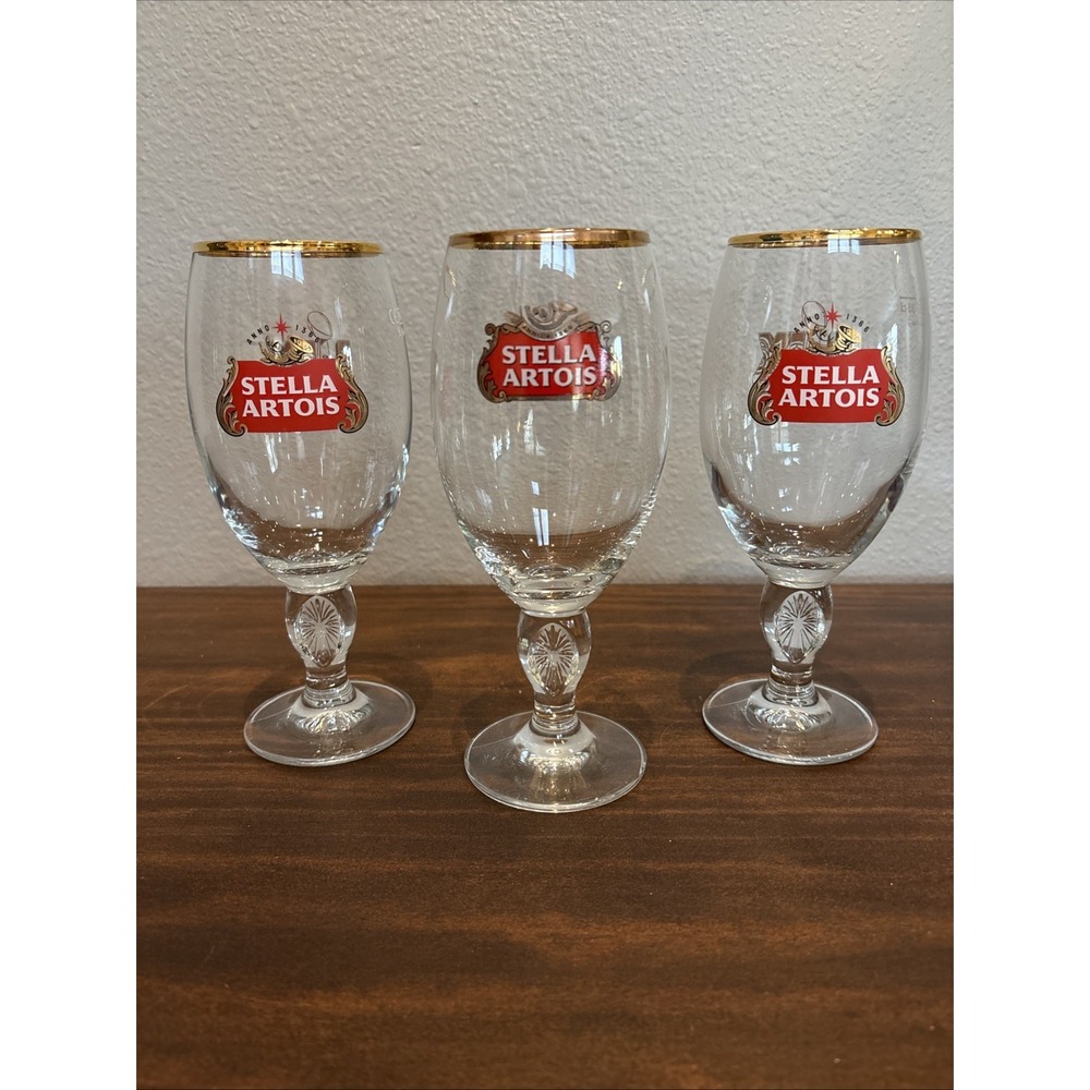 Stella Artois Belgium 33 cl Gold Rimmed Chalice Stemmed Beer Glasses Set Of 3